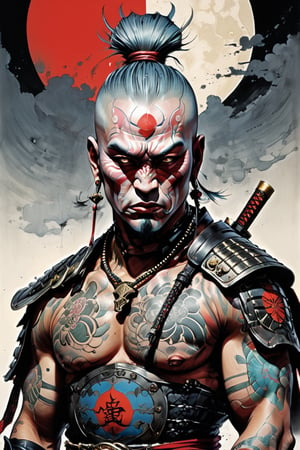 samurai, wearing full battle armour, Horror Comics style, art by brom, tattoo by ed hardy, shaved hair, neck tattoos andy warhol, heavily muscled, biceps,glam gore, horror, demonic, hell visions, demonic women, military poster style, asian art, chequer board,japanese flag, wearing a gee, 