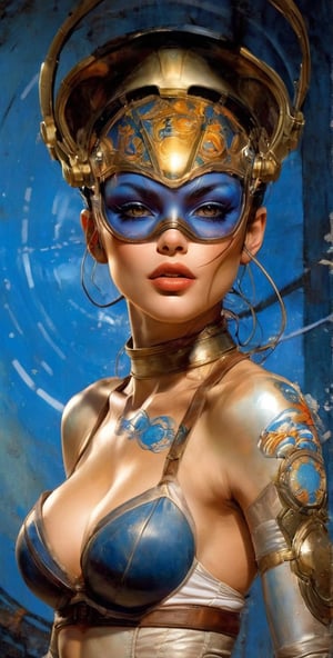 art by Masamune Shirow, art by J.C. Leyendecker, art by simon bisley, art by ralph steadman, a masterpiece, stunning beauty, hyper-realistic oil painting, star wars alien creatures, a portrait picture, incredible detail, fantasy portrait, alien skin, breathing apparatus, fish like skin, eel like noses, blue graffiti background,