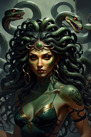 Produce a striking and realistic digital portrayal of the iconic Medusa from Greek mythology, featuring her hair consisting of numerous individual snake heads at the end of each strand. Craft an image that truly encapsulates the essence of this mythical character, paying special attention to the intricate details of her serpentine locks. Create a scene that vividly portrays Medusa's terrifying allure, emphasizing her venomous and otherworldly hair. Utilize your artistic abilities to make Medusa and her hair, each ending with a menacing snake head, come to life on the canvas, evoking both awe and fear while staying true to the original myth