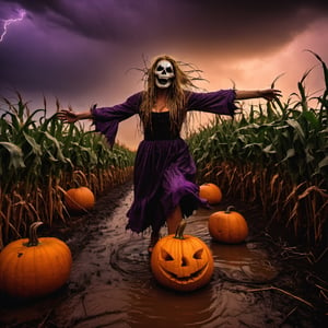 Feet to head full body action shot, Pumpkin girl scarecrow, long stringy wet hair, angry pumpkin face, reaching out from the cornfield to terrify the viewer, hi res, photorealistic, 35 mm canon, slow shutter speed, dark dramatic purple sky, lightening ,Monster,HellAI,oni style,Devasted landscape 