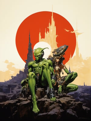 art by Masamune Shirow, art by J.C. Leyendecker, art by simon bisley, a masterpiece, stunning beauty, hyper-realistic oil painting, a stasr wars male alien character, green skin, loose clothing, a side portrait picture, incredible detail, 