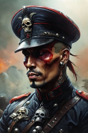 cinematic reality, film, chiarosaurio, depth of field, shadows, reflection, sparks, mists, skull with red military cap, sharp focus, detailed features, blood, tribal tattoos on the skull cheeks and jaw, 