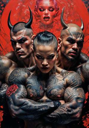 hell poster, manga style, an oil painting, a masterpiece, art by TavitaNiko, art by Vallejo, art by Klimt , art by giger, tattoo by ed hardy, shaved hair, neck tattoos andy warhol, heavily muscled, biceps,glam gore, horror, demonic, hell visions, demonic women, military poster style, asian art, chequer board,