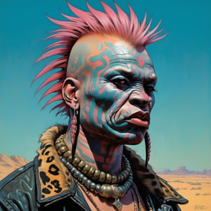 a hyena, Horror Comics style, art by brom, tattoo by ed hardy, shaved pink hair, neck tattoos by andy warhol , heavily muscled, biceps,glam gore, horror, angelic, savanna style, heatwave, stone carvings, tribal motifs, tribal art, animal skins, god visions, Russian military poster style, asian art, chequer board, savanna views, setting sun, 