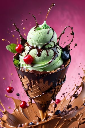 a macroscopic photograph of banana ice cream with mint cream, ice cubes, maraschino cherries, blueberries, lychees , hundreds and thousands, dark chocolate sauce, nuts, mint leaves, splashing dark chocolate sauce, in a gradient pink coloured background, fluid motion, dynamic movement, cinematic lighting, palette knife, digital artwork by Beksinski,action shot,sweetscape, 3D, oversized fruit, caramel theme, art by Klimt, airbrush art, food photography, food tornado, 