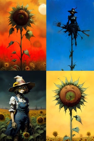  solo focus, hd, 8k, vintage illustration, A vintage-inspired scarecrow standing proudly in a sunflower field, with a worn-out hat and a rusty pitchfork. , masterpiece, award winning illustration by Frank Frazetta, a sexy female scarecrow, DarkFantasy, dark atmosphere, advntr,fr4z3tt4