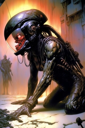 art by Masamune Shirow, art by J.C. Leyendecker, a masterpiece, stunning beauty, hyper-realistic oil painting, vibrant colors, a xenomorph, dark chiarascuro lighting, dripping blood and sweat, messed up, battling human troopers, a telephoto shot, 1000mm lens, f2,8, ,digital artwork by Beksinski, nipples, GIRL space helmet WITH see through visor, HOLDING A MACHINE GUN WITH BOTH HANDS, ,Gopn1k,acidzlime,beyond_the_black_rainbow,action shot, cinematic moviemaker style,Nikon Shoot