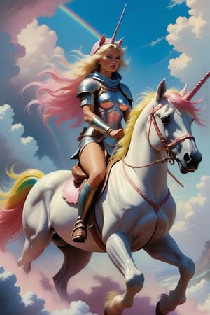 Vintage masterpiece by Frank Frazetta: A ravishing female warrior, donning armor and a hood, commands attention as she astride a majestic pink and white striped unicorn. Together, they burst forth from the clouds, into a brilliant blue sky, evoking a sense of heroic fantasy reminiscent of Dungeons and Dragons. The 8K resolution brings forth every delicate detail, while the HD framing showcases her unyielding spirit.,Rainbow Unicorn,riding,horseback riding