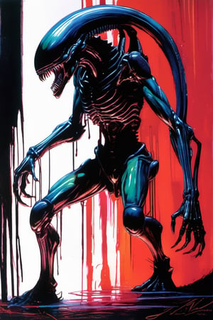art by glen keane, painting, vibrant colors, a xenomorph, dark chiarascuro lighting, dripping blood and sweat, messed up, battling human troopers,