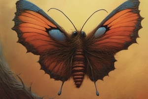 An extreme macroscopic close up of a butterflies  mouth, face and body and wings, sporadic hairs, Bitey, stinging pointing things, sucking probes, digital artwork by Beksinski,potma style,Leonardo Style