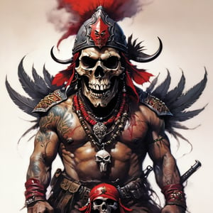 cinematic reality, film, chiarosaurio, depth of field, shadows, reflection, sparks, mists, skull with red military cap, sharp focus, detailed features, blood, tribal tattoos on the skull cheeks and jaw, 