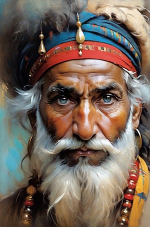 art by john singer sargent, art my monet, art by Ivana Besevic, art by Mia Bergeron, lighting style by rembrandt, an oil painting portrait,  close cropped, face only, an old indian mans face, wearing a black turban decorated with gold and red indian ornaments, very detailed straggly beard,detail in hair, masterful detail in the eyes, detail in the hair and beard, all focus on the eyes, piercing bright light blue eyes, very detailed eyes, looking away into the distance, ,galaxy00