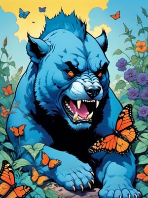 Blue bear with many baby bears, Horror Comics style, art by brom, tattoo by ed hardy, shaved hair, neck tattoos andy warhol, heavily muscled, biceps,glam gore, horror, blue bear, demonic, hell visions, demonic women, military poster style, chequer board, vogue bear portrait, Horror Comics style, art by brom, smiling, lennon sun glasses, punk hairdo, tattoo by ed hardy, shaved hair, neck tattoos by andy warhol, heavily muscled, biceps, glam gore, horror, poster style, flower garden, Easter eggs, coloured foil, oversized monarch butterflies, tropical fish, flower garden,retropunk style,vintagepaper,comic book,Leonardo Style