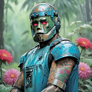 r2d2 , Horror Comics style, art by Bron, lennon sunglasses, punk hairdo, tattoo by ed hardy, shaved hair, neck tattoos by andy warhol, heavily muscled, biceps, glam gore, horror, poster style, flower garden, 