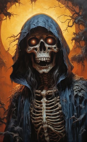 art by Masamune Shirow, art by J.C. Leyendecker, art by boris vallejo, a masterpiece, hyper-realistic oil painting, vibrant colors, Horror Comics style, art by brom, tattoo by ed hardy, a creepy skeleton wearing a hooded cloak, horror, dark chiarascuro lighting, a telephoto shot, 1000mm lens, f2,8 , , illustration,  ,perfecteyes,