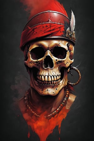 cinematic reality, film, chiarosaurio, depth of field, shadows, reflection, sparks, mists, skull with red military cap, sharp focus, detailed features, blood, tribal tattoos on the skull cheeks and jaw, 