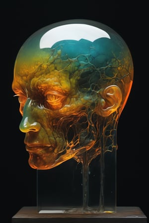 art by yashitomo nara, a transparent epoxy  resin cube shaped head, stunning beauty, hyper-realistic oil painting, vibrant colors, dark chiarascuro lighting, a telephoto shot, 1000mm lens, f2,8,Vogue,more detail XL