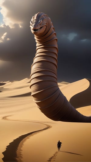 a person walking in the desert, still from movie dune, dune movie poster, dune (2021), scene from dune 2 0 2 1 movie, thm style, a photograph a giant sand worm , dune movie,  fluid motion, dynamic movement, cinematic lighting, ,action shot,art by Klimt, airbrush art, 