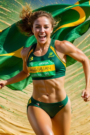 a mid section body shot photograph of a happy australian female athlete, she is wearing an australian olympic track running uniform, she is has an olympic  gold medal around her neck, her back and bottom are facing the viewer, very large green and gold flag background, fluid motion, dynamic movement, cinematic lighting, palette knife, digital artwork by Beksinski,action shot,sweetscape, art by Klimt, airbrush art, ,photo r3al,ice and water,close up,Movie Poster