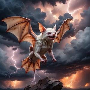 In a majestic, HD, 8K composition, a clse up mid shot, a stunning albino bat assumes a dramatic pose. Framed against fiery storm clouds, lightening, and a turbulent sky,the creature's gaze meets the viewer's, its eyes gleaming with intensity. Wings outstretched, it appears to scan the horizon for wind currents. The illustration exudes a sense of heroic fantasy, reminiscent of Dungeons and Dragons, as if this majestic bat is about to embark on an epic adventure, storm clouds, lightening, turbulent sky,