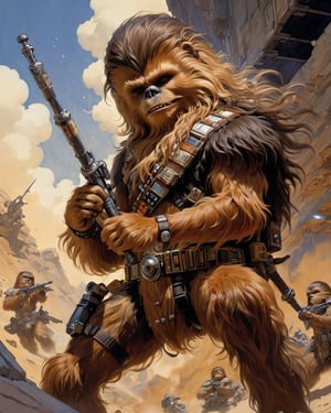 art by Masamune Shirow, art by J.C. Leyendecker, art by boris vallejo, art by gustav klimt, art by simon bisley, a masterpiece, stunning detail, an action shot, low angle, chewbacca, firing his bowcsater during battle, 