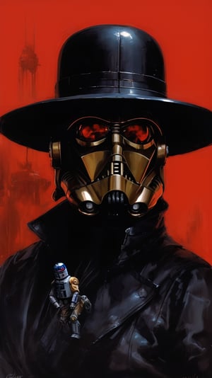 art by simon bisley, art by vallejo, a masterpiece, stunning detail, (((R2D2 the droid))), supreme leader of the empire,  a proud figure, superior in power, knowledge and might, wearing a black panama hat and a black leather jacket, 
