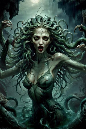 Create a captivating and realistic digital artwork of Medusa, the mythological Gorgon, with her iconic snake hair. Craft a scene that portrays her in all her terrifying beauty, and bring out the intricate details of her serpentine locks. Use your artistic talent to capture the essence of this mythical character, making her come to life on the canvas. Let your imagination and creativity run wild in depicting Medusa and her mesmerizing, venomous hair in a way that evokes both fear and fascination, she moves from the center of a woodland pool to the edge of the water. Moonlight surrounds her in a haunting light. Her hair is made of venemous green snakes, her eyes are filled with a diffused light, she has red lips, she smirks, she wears white small, loose top, Ripples surround her in the water, she glistens, statues of human stone stand beside the water. 