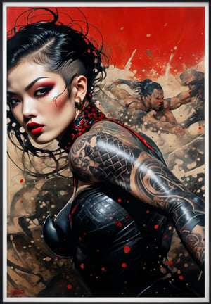 hell poster, manga style, an oil painting, a masterpiece, art by TavitaNiko, art by Vallejo, art by Klimt , art by giger, tattoo by ed hardy, shaved hair, neck tattoos andy warhol, heavily muscled, biceps,glam gore, horror, demonic, hell visions, demonic women, military poster style, asian art, chequer board,