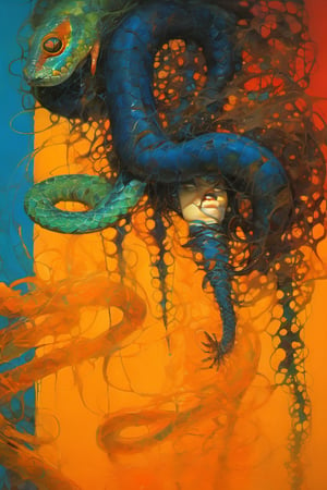  art by simon bisley, art by Brom, art by ralph steadman, art by gustav klimt, a slithering poisonous snake in a tropical jungle, resplendant in colour and intricate detail,  a masterpiece, realistic,  The artwork is a masterpiece, boasting incredible detail and a sense of depth that pulls the viewer in.