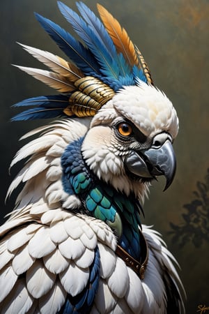 peacocks, tiger stripes,white cockatoo, baroque style, art by sergio toppi, art design by sergio toppi, military poster style, ,more detail XL,close up,Oil painting, 8k, highly detailed, in the style of esao andrews, a clse up oil portrait of a beautiful group of birds, 