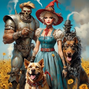Dorothy from the wizard of oz, a tin man, a scarecrow, a cowardly lion, Horror Comics style, art by brom, tattoo by ed hardy, shaved hair, neck tattoos andy warhol, heavily muscled, biceps,glam gore, horror, Toto the dog, tornado, Kansas, oz, demonic, hell visions, demonic women, military poster style, tornado, Kansas farm, (((twister tornados)))