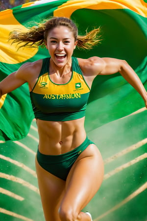 a mid section body shot photograph of a happy australian female athlete, she is wearing an australian olympic track running uniform, she is has an olympic  gold medal around her neck, her back and bottom are facing the viewer, very large green and gold flag background, fluid motion, dynamic movement, cinematic lighting, palette knife, digital artwork by Beksinski,action shot,sweetscape, art by Klimt, airbrush art, ,photo r3al,ice and water,close up,Movie Poster