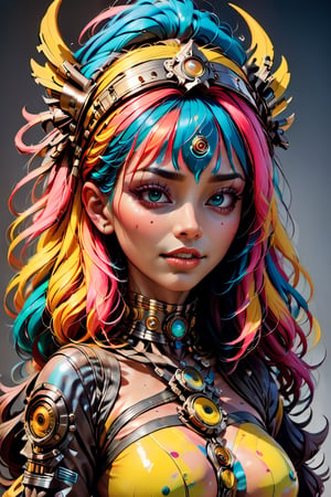 a masterpiece,  stunning beauty,  perfect face,  epic love,  Slave to the machine,  full-body,  hyper-realistic oil painting,  vibrant colors,  Body horror,  wires,   ,  native american war bonnet, a rusty and silver spotted steampunk spacesuit, women looking directly out to viewer, wry smile on her face, neon face with multiple coloured circuits on it, full face visor translucent dirty yellow colour, in the style of futuristic space, glamour,Steam punk steam punk animated gifs, xenomorph lookalike adornments, gun in hand, algorithmic artistry, frank frazetta style, perfect makeup, boris vallejo, pop art consumer culture, plain neon steampunk background, full figure pose,dripping paint,Leonardo Style,blacklight makeup,oni style,tiedbreastsblue