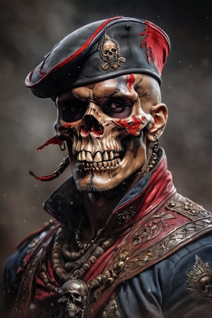 cinematic reality, film, chiarascurio, very short depth of field inches, 1000 mm tamron lens f1,8, shadows, reflection, sparks, mists, skull with red military cap, sharp focus, detailed features, blood, tribal tattoos on the skull cheeks and jaw,