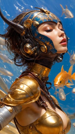 art by Masamune Shirow, art by J.C. Leyendecker, art by simon bisley, art by ralph steadman, a masterpiece, stunning beauty, hyper-realistic oil painting, star wars alien creatures, a portrait picture, incredible detail, fantasy portrait, alien skin, breathing apparatus, fish like skin, eel like noses, gold graffiti background, mouth closed, 