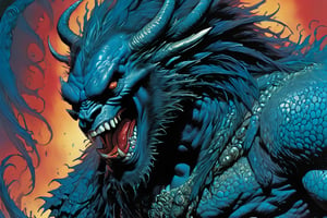 close up of the mans face, a sexy black african mans arm and shoulder, man is staring screaming at the viewer, raging, long hair, the arm and shoulder are covered in a very detailed intricate red and blue dragon tattoo that is protruding outfrom the skin, coming alive, its screaming, scratching, similar to dragon tattoo by Boris Vallejo, slowly you see the small dragon tattoo in parts is coming out of the skin and becoming a real version of the tattoo, sticking out, scales, extended claws, spit, spittle, blood drops, 16K, movie still, cinematic, ,omatsuri,DonMn1ghtm4reXL