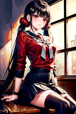 masterpiece, best quality, highres, detailled background, 1girl, mature girl, harukawa maki, long hair, bangs, brown hair, black hair, hair ornament, (red eyes:1.5), twintails, very long hair, hairclip, blunt bangs, mole under eye, low twintails, scrunchie, hair scrunchie, red scrunchie, skirt, shirt, thighhighs, long sleeves, bow, school uniform, pleated skirt, serafuku, miniskirt, black skirt, sailor collar, mole, bracelet, zettai ryouiki, plaid, plaid skirt, red shirt, black sailor collar, red thighhighs, lipstick, looking at viewer, indoors, attractive posing, sitting on a chair, in a restaurant, night, at night, in the dark, low key, slight smile, blush, pov, from below