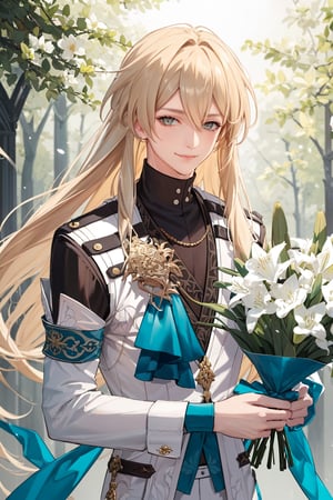 luocha, 1boy, blonde hair, long hair, white coat, black shirt, white pants, blue ascot, blue armband, blue vest, smile, holding bouquet, detailed face, looking at viewer, upper body, potrait, dynamic pose, forest, lily (flower), (masterpiece:1.2, best quality)