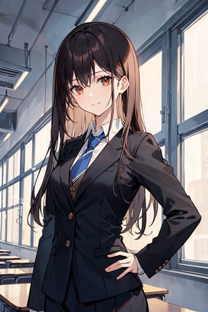 best quality, masterpiece, highres, 1girl, solo, long black hair, brown eyes, upper body, collared_shirt, tie, open_blazer, slight smile, hand on hip, standing in a classroom 