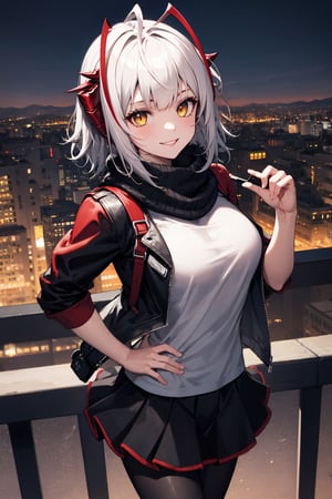 best quality, masterpiece, highres, 1girl, W, Arknight, 1girl, yellow eyes, short hair, grey hair, solo, demon horns, black jacket, grey shirt, open clothes, pantyhose, medium breasts, black scarf, black skirt, antennae, ahoge, cityscape, city lights, standing, hand on hip, smile perfect hands, good hands, facing viewer,