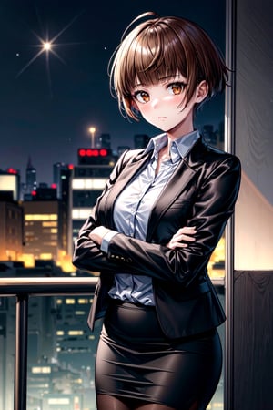 best quality, masterpiece, highres, detailed, 1girl, solo, Tsunemori Akane, outdoors, on a balcony, black jacket, white shirt, open jacket, pencil skirt. black skirt, pantyhose, upper body, detailed clothes, detailed hair, soft light, close view, starring at the viewer, crossed arms, city, night, city lights, alley, neon lights,