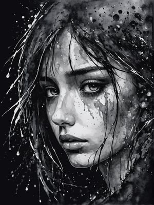  an abstract ink artwork of a girl`s face with a tear running down her cheek, the picture is in dark colors and white, rain running down the face, it represents sadness and sorrow, ink, masterpiece, art_booster,T-shirt design