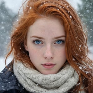 Generate hyper realistic image of an photograph of an cute young redhead teenager girl in a snowstorm, freezing cold, blue eyes, hightly detailed,