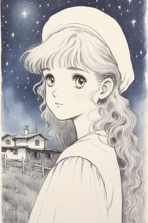 Young girl, midnight, starlit sky, small rural village, Ghibli style, (Best quality:1.5, masterpiece:1.5), pencil draw