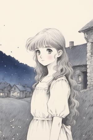 Young girl, midnight, starlit sky, small rural village, Ghibli style, (Best quality:1.5, masterpiece:1.5), pencil draw