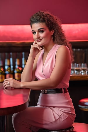 20 years old, in a sitting posture, located in a bar, rendered in shades of light pink and dark crimsons, image quality of Nikon D850, 32K UHD clarity, (Best quality:1.5, masterpiece:1.5)