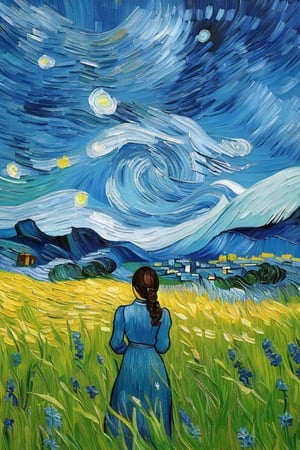 Young girl, stars, night sky, grassy meadow, gazing upwards, (Starry Night by Van Gogh:1.5), (dreamy:1.5), (Best quality:1.5, masterpiece:1.5).