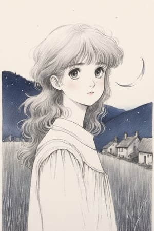 Young girl, midnight, starlit sky, small rural village, Ghibli style, (Best quality:1.5, masterpiece:1.5), pencil draw