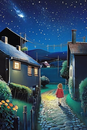 Young girl, midnight, starlit sky, small rural village, Ghibli style, (Best quality:1.5, masterpiece:1.5).