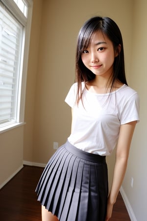 Facing viewer, thin 18yo Asian, pleated skirt, both arms behind back